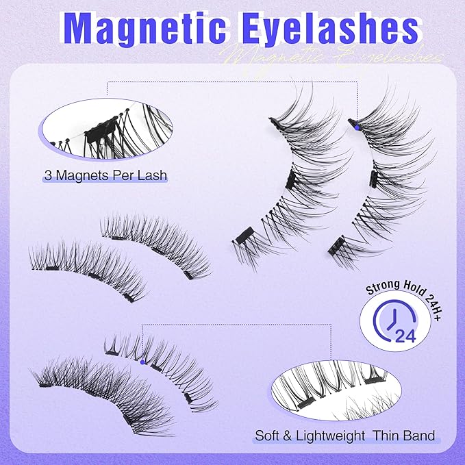Natural Magnetic Eyelashes with Applicator Reusable Magnetic Lashes without Eyeliner 3 Types Eyelash Kit Clear Band Lashes False Eyelashes by Lvmixwig