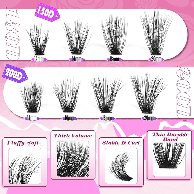 Yawamica Wispy Individual Lashes Clusters Fluffier Eyelash Extension 150D+200D Thick Volume Eyelash Clusters 14-20mm D Curly Clusters Lashes 240pcs DIY Lash Extension for Beginners