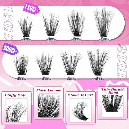 Yawamica Wispy Individual Lashes Clusters Fluffier Eyelash Extension 150D+200D Thick Volume Eyelash Clusters 14-20mm D Curly Clusters Lashes 240pcs DIY Lash Extension for Beginners
