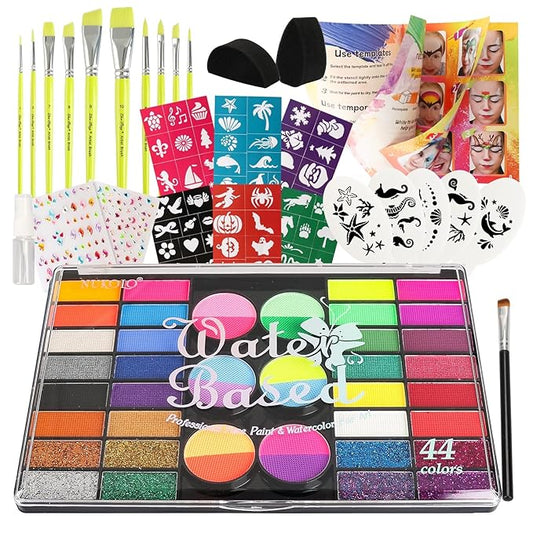 44 Color Face Painting Kit for Kids - Non Toxic Water Activated Face Paint Palette with Stencils, Brushes, Gems & Glitter. Halloween, Carnival, Party; Costume Makeup for Creative Activities