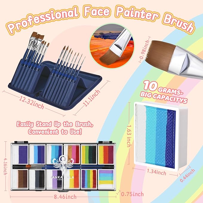 Professional Face Painting Kit for Kids,12X10gm Water Based Split Cake Face Paint with Stencil & Brushes,Hypoallergenic & Non-Toxic,Gift for Birthday Parties/Halloween/Carnival