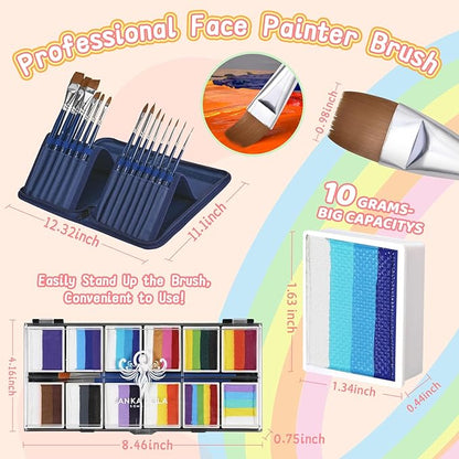 Professional Face Painting Kit for Kids,12X10gm Water Based Split Cake Face Paint with Stencil & Brushes,Hypoallergenic & Non-Toxic,Gift for Birthday Parties/Halloween/Carnival