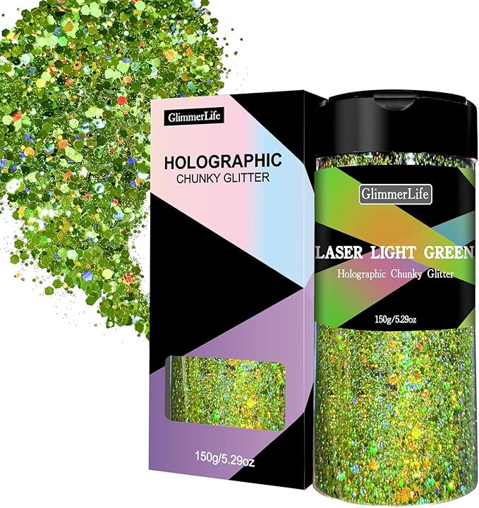 GlimmerLife Green Chunky Glitter 150G/5.29OZ, Craft Glitter for Resin, Nail, Face, Body, Holographic Chunky Glitter, Glitter Sequin Flake Bulk, St. Patrick's Day Decorations, Epoxy Tumblers