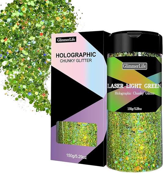 GlimmerLife Green Chunky Glitter 150G/5.29OZ, Craft Glitter for Resin, Nail, Face, Body, Holographic Chunky Glitter, Glitter Sequin Flake Bulk, St. Patrick's Day Decorations, Epoxy Tumblers