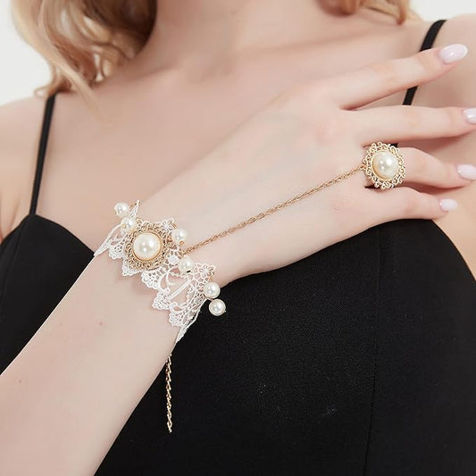 Gothic Pearl Lace Steampunk Wristband Vintage Pearl Pendant Tassel Lace Hand Chain with Finger Ring Lolita Lace Hand Accessories for Women and Girls (Style 2)