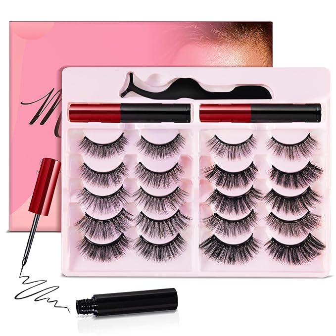 [10 Pairs] Magnetic Eyelashes and Eyeliner Kit, Reusable Magnetic Lashes with Eyeliner and Tweezers, 3D Natural Look False Eyelashes (10 PAIRS)
