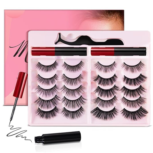 [10 Pairs] Magnetic Eyelashes and Eyeliner Kit, Reusable Magnetic Lashes with Eyeliner and Tweezers, 3D Natural Look False Eyelashes (10 PAIRS)