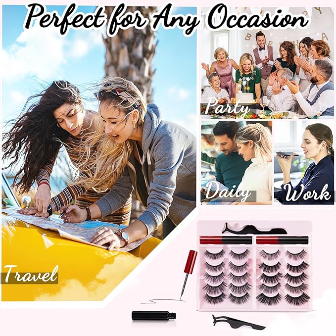[10 Pairs] Magnetic Eyelashes and Eyeliner Kit, Reusable Magnetic Lashes with Eyeliner and Tweezers, 3D Natural Look False Eyelashes (10 PAIRS)