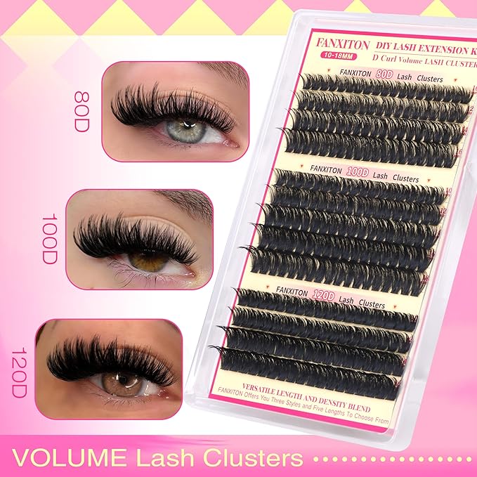 D Lash Clusters Kit Thick Lash Extension Kit Volume Lash Clusters 80D+100D+120D Eyelash Clusters Kit 10-18mm Individual Lashes with Bond and Seal by FANXITON