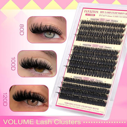 D Lash Clusters Kit Thick Lash Extension Kit Volume Lash Clusters 80D+100D+120D Eyelash Clusters Kit 10-18mm Individual Lashes with Bond and Seal by FANXITON
