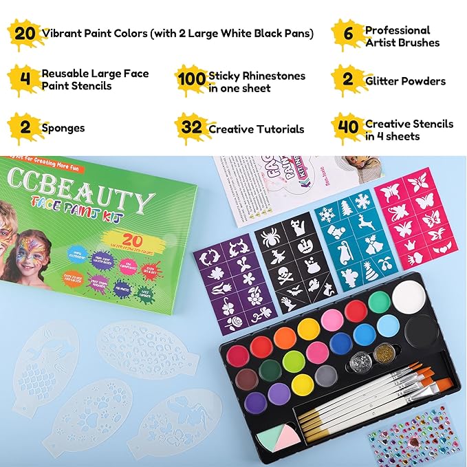 CCbeauty 180pcs Face Painting Kit for kids - 20 Water Based Kids Face Paint Non Toxic Sensitive Washable with 40+4 Reusable Stencils 6 Wood Brushes Glitter,Christmas Birthday Cosplay Costume Party