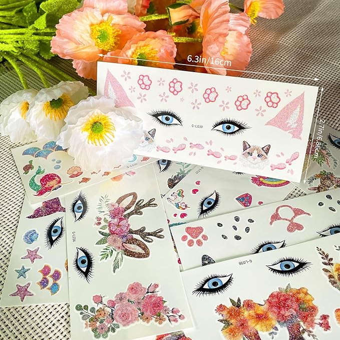 Glitter Face Tattoos For Kids Cat Deer Face Makeup Paint for Kids Boys Girls Party Bag Filler Birthday Party Supplies Favors Unicorn Mermaid Toddler Temporary Tattoo Stickers