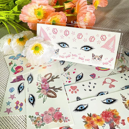 Glitter Face Tattoos For Kids Cat Deer Face Makeup Paint for Kids Boys Girls Party Bag Filler Birthday Party Supplies Favors Unicorn Mermaid Toddler Temporary Tattoo Stickers