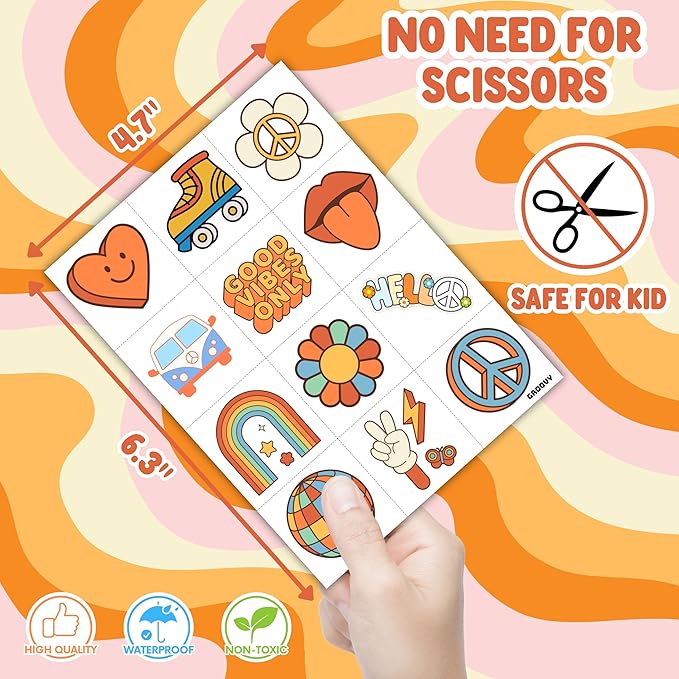 96PCS Groovy 70s Pre-Cut Temporary Tattoos - Retro Flower Power, Good Vibes Party Decorations & Favors | Cute Tattoos Stickers Gift for Kids, Boys & Girls, Baby Shower & Prize Supplies