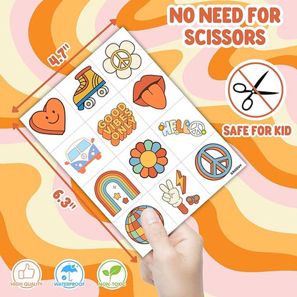 96PCS Groovy 70s Pre-Cut Temporary Tattoos - Retro Flower Power, Good Vibes Party Decorations & Favors | Cute Tattoos Stickers Gift for Kids, Boys & Girls, Baby Shower & Prize Supplies