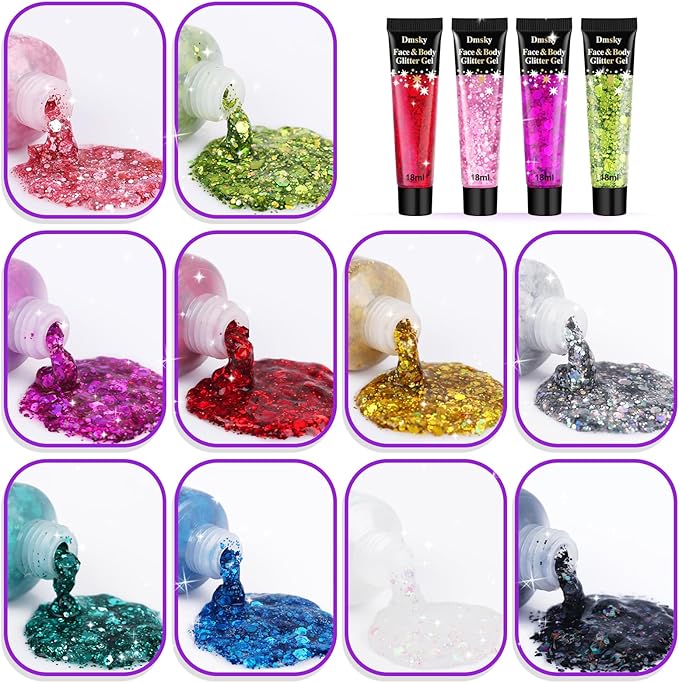 Body Glitter Hair Glitter Face Paint Sparkles Makeup,10 Colors Glitter Gel Singer Concerts Disco Rave Festival Valentine’s Day Accessories,Chunky Sequins Mermaid Gel for Women Eyeshadow Children Hair