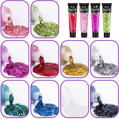 Body Glitter Hair Glitter Face Paint Sparkles Makeup,10 Colors Glitter Gel Singer Concerts Disco Rave Festival Valentine’s Day Accessories,Chunky Sequins Mermaid Gel for Women Eyeshadow Children Hair