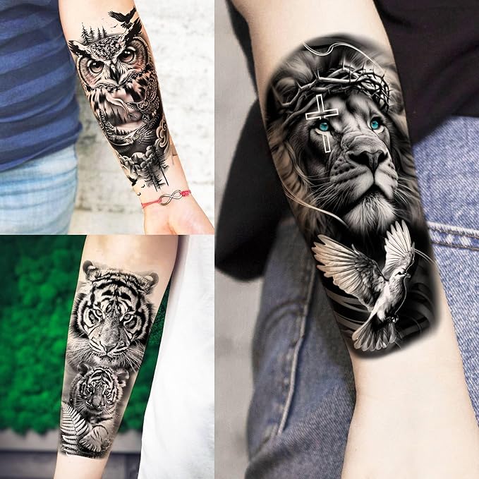 68 Sheets Black Tribal Wolf Lion Temporary Tattoos For Men Women, Halloween Skull Half Arm Sleeve Tattoo Stickers Tiger Zeus God Jesus Christ Gladiator, 3D Temp Waterproof Fake Tattoos For Adults Owl