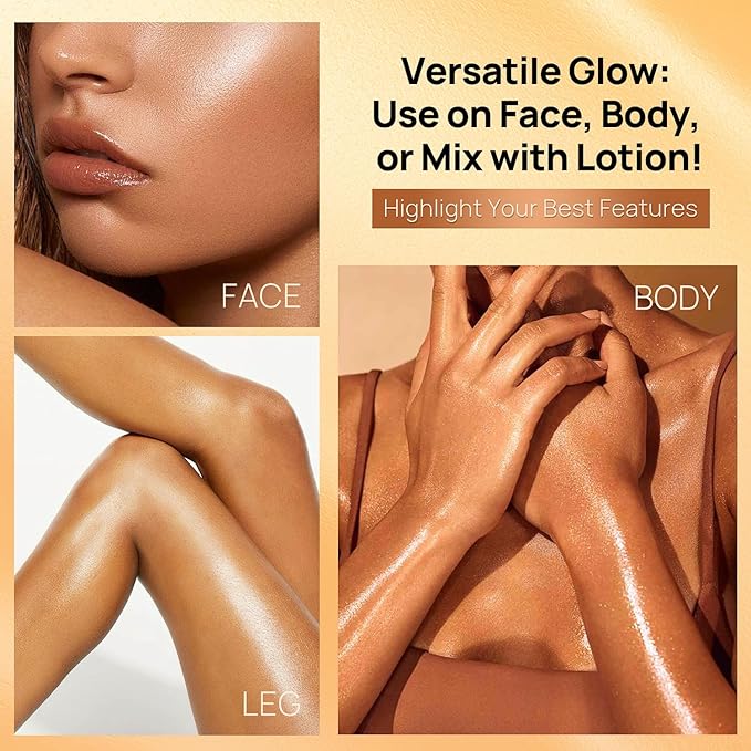 Body Shimmer Oil, Liquid Highlighter Bronzer Body Glitter Oil Long Lasting Moisturizing for Face Makeup Lotion Illuminate Serum Glow Shimmer Skin 50ml/1.7 Fl Oz（Bronze Gold #02)