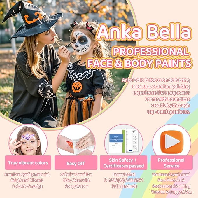 Professional Face Painting Kit for Kids,12X10gm Water Based Split Cake Face Paint with Stencil & Brushes,Hypoallergenic & Non-Toxic,Gift for Birthday Parties/Halloween/Carnival