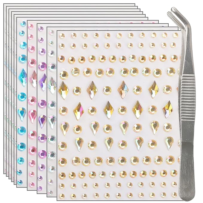 NIACONN 1280 Pcs Multi-Color Hair Jewels Face Gems Stick on, Self Adhesive Glitter Rhinestones Stickers for Women Girls Festival Halloween Makeup & Crafts (Teardrop & Rhombus)