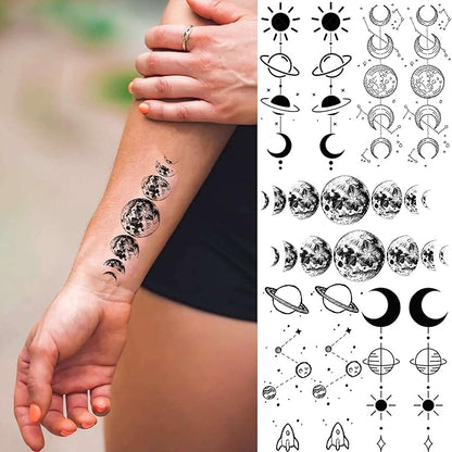 15 Sheets Realistic Space Planets Chain Temporary Tattoos For Women Men Arm Neck, Butterfly Solar System Moon Sun Star Fake Tattoo Sticker, Small Universe Tatoos Kids Girls Boys Forearm Body