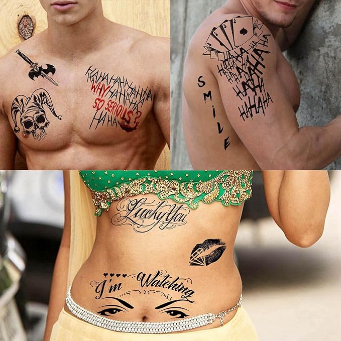 6 Sheets Halloween Joker Tattoo Sticker Decals, Damaged Joker Temporary Tattoos For Men Women Adults, Halloween Face HQ Tattoos Clown, Rave Party Accessories Costume Gothic Fake Tattoo Set