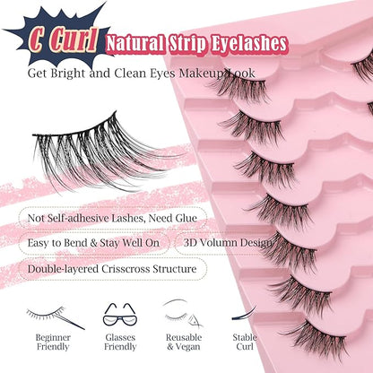 Half Lashes Cat Eye False Eyelashes Natural Look 14MM Natural Corner Lashes Wispy Half Eyelashes 3/4 Lash with Thin Cotton Band C Curl Soft Eyelash Siligli 7 Pair