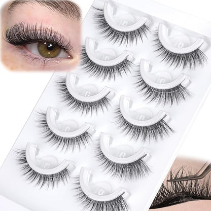 Self Adhesive Eyelashes Natural Look Press On Lashes No Glue Needed Wispy Reusable Self Adhesive Lashes without Eyeliner Clear Band Pre Glued Lashes Cat Eye Lashes Faux Mink Lashes 5 Pairs