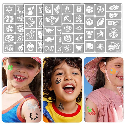 Yazhiji 390 PCS Temporary Tattoo Stencils, Face and Body Paint Stencils Kit, Girl Boy Glitter Tattoos Stencils Pack for Kids School Show Birthdays Halloween Christmas Party Favor Supplies