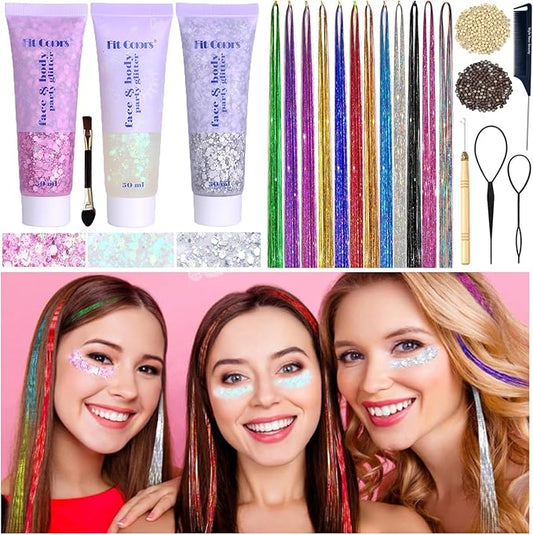 Body Face Chunky Glitter Gel & Hair Tinsel Kit for Halloween, Christmas, New Year Party, Rave Festival Accessories