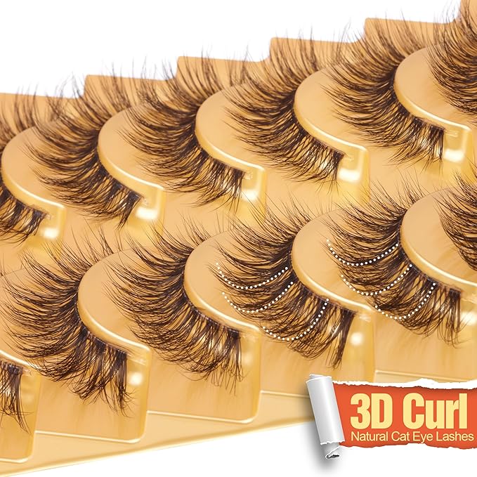 Brown Lashes Strip Natural Looking Cat Eye Eyelashes Wispy Fluffy Clear Band Pack 8 Pairs