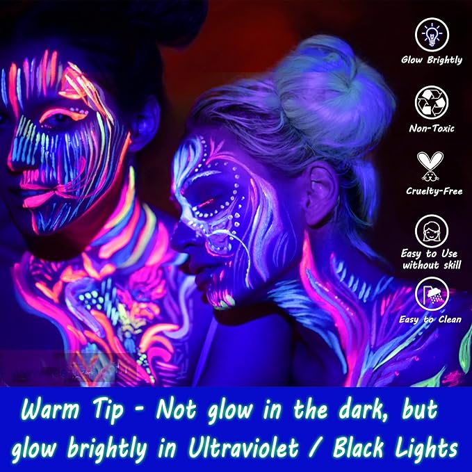 CCbeauty Large UV Glow Face Body Paint Palette, 8 Neon Glow In BlackLights Painting Kit, Water Activated Eye Liner, Safe Washable for Kids Adult, Halloween Costume Masquerades Club Makeup + 10 Brushes