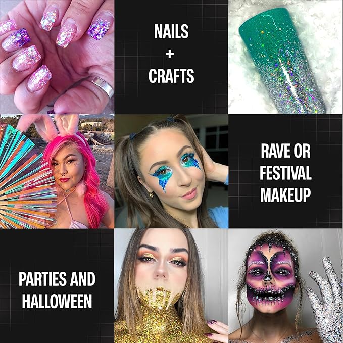 Chunky Holographic Body Glitter I 16 Colors + Glitter Glue for Face Glitter Makeup, Hair, Eye & Fine Glitter Eyeshadow - Perfect for Halloween, Slime, Resin, Tumblers, Craft, Cosmetic & Nail Art