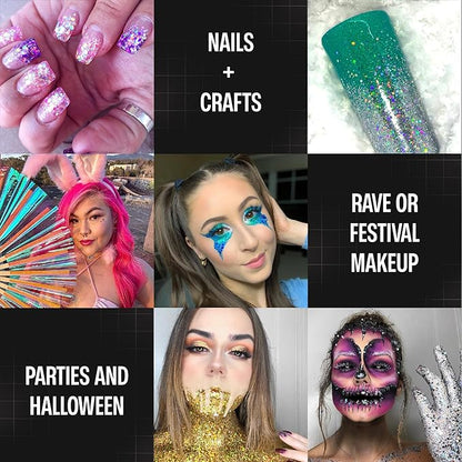 Chunky Holographic Body Glitter I 16 Colors + Glitter Glue for Face Glitter Makeup, Hair, Eye & Fine Glitter Eyeshadow - Perfect for Halloween, Slime, Resin, Tumblers, Craft, Cosmetic & Nail Art