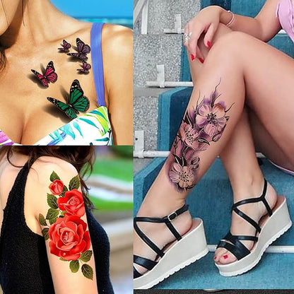 66 Sheets Peony Rose Flower Temporary Tattoos For Women Adults Thigh, 3D Lavender Butterfly Fake Tattoos Girls Arm Sleeve, Realistic Watercolor Floral Temp Tattoo Sticker Finger Tatoos Neck