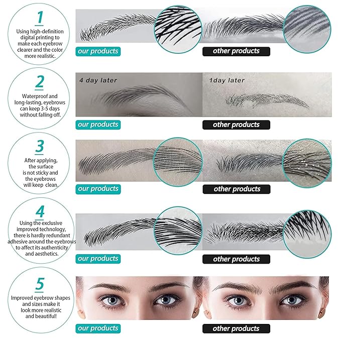 Brown Eyebrow Tattoo 66 Pairs, Hair-Like Popular Fake Eyebrows Waterproof Lasting 4D Realistic Makeup Tattoo Arch Style, Eyebrow Transfer Stickers for Women Girls