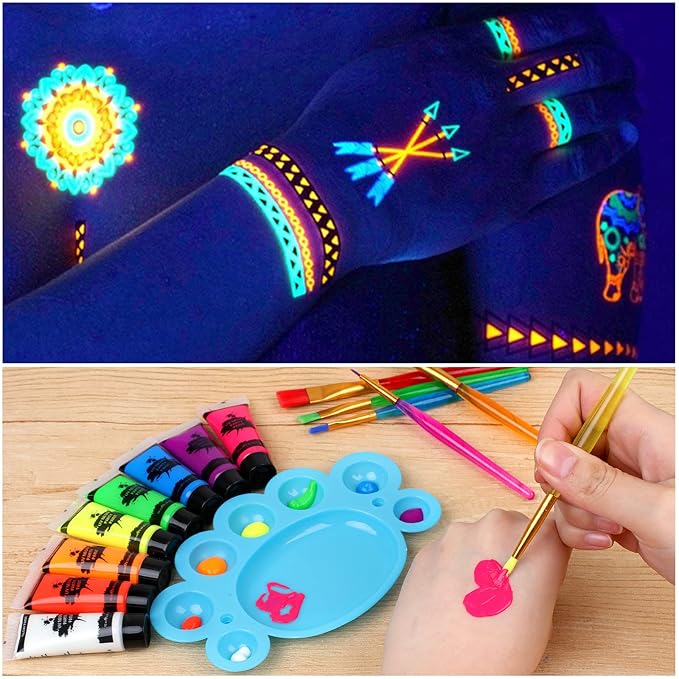 Blacklight Neon Face and Body Paint, 8 Tubes 0.34oz Glow in the Dark Body Paints, Neon Fluorescent Glow in Dark Party Supplies (10ml).…