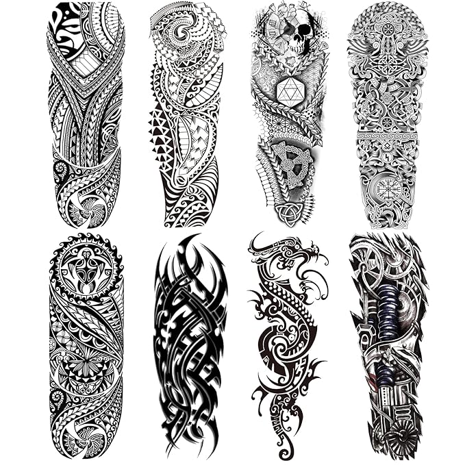 Totem Fake Tattoos Sleeve For Men Women, Full Arm Tribal Polynesian Temporary Tattoo Sleeves Adult, Large Black Hawaiian Viking Dragon Temp Tatoo Sticker Leg Body Art Makeup, 8-Sheet