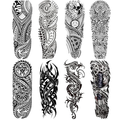 Totem Fake Tattoos Sleeve For Men Women, Full Arm Tribal Polynesian Temporary Tattoo Sleeves Adult, Large Black Hawaiian Viking Dragon Temp Tatoo Sticker Leg Body Art Makeup, 8-Sheet