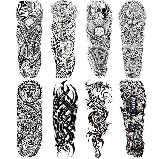 Totem Fake Tattoos Sleeve For Men Women, Full Arm Tribal Polynesian Temporary Tattoo Sleeves Adult, Large Black Hawaiian Viking Dragon Temp Tatoo Sticker Leg Body Art Makeup, 8-Sheet