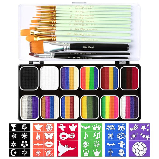 39 Colors Face Paint Kit For Kids: Professional Face Painting Kit with 6 Stencils and 13 Brushes - Water Activated Facepaint Makeup Kit - Non Toxic Face Paint for Halloween and Christmas