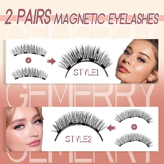 GEMERRY Magnetic Eyelashes 2 Pairs Magnetic Lashes Natural Look Magnetic Eyelashes with Applicator and Mirror No Glue&No Eyeliner Needed False Eyelashes Magnetic Lashes Kit Easy to Use