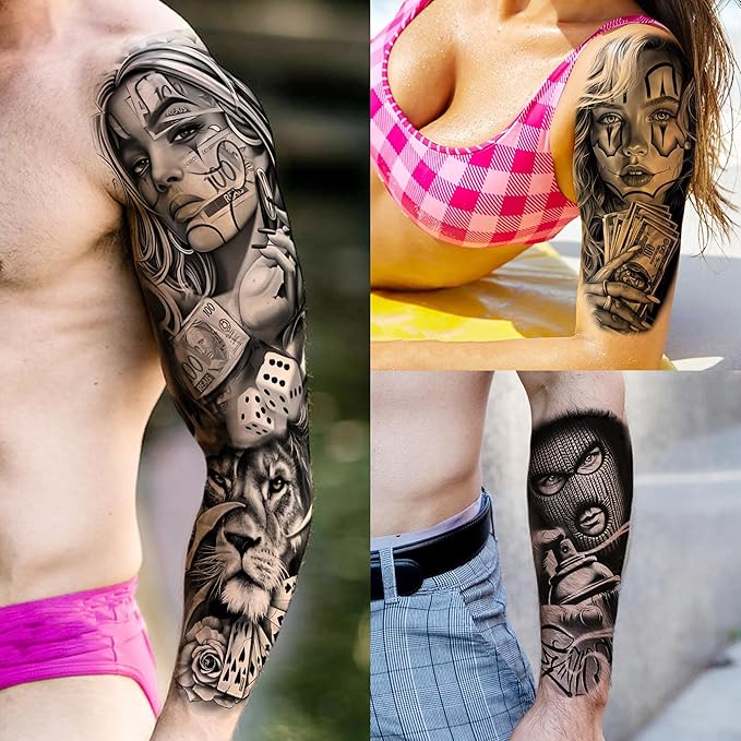 18 Sheets Chicano Full Arm Temporary Tattoos For Men Women Thigh, Chicana Guadalupe Joker Gangster Nun Girl Fake Sleeve Tattoos For Adults, Temp Bulk Jesus Christ Prison Black Halloween Tattoo Sticker