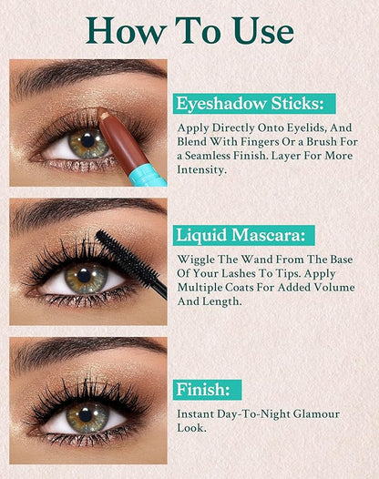 KIMUSE Eyeshadow Stick + Liquid Mascara Kit, Lightweight, Long Lasting, Crease-Proof, Smudge-Proof Eye Makeup Set