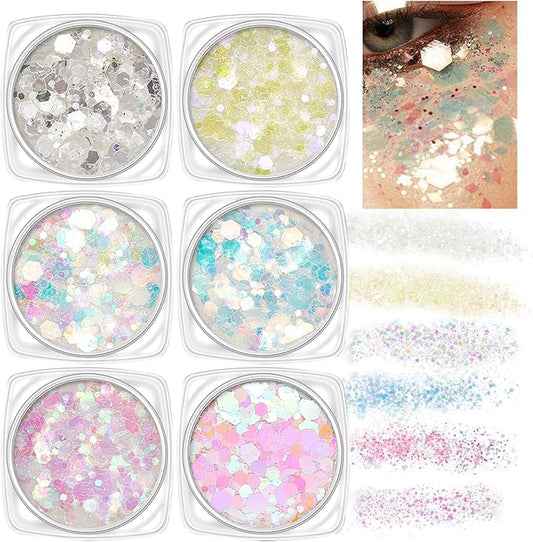 6 Color Body Glitter Face Glitter Gel Silvery White Face Glitter Makeup Holographic Sequins Glitter Gel for Face Body Hair Nail Lip Glitter Gel