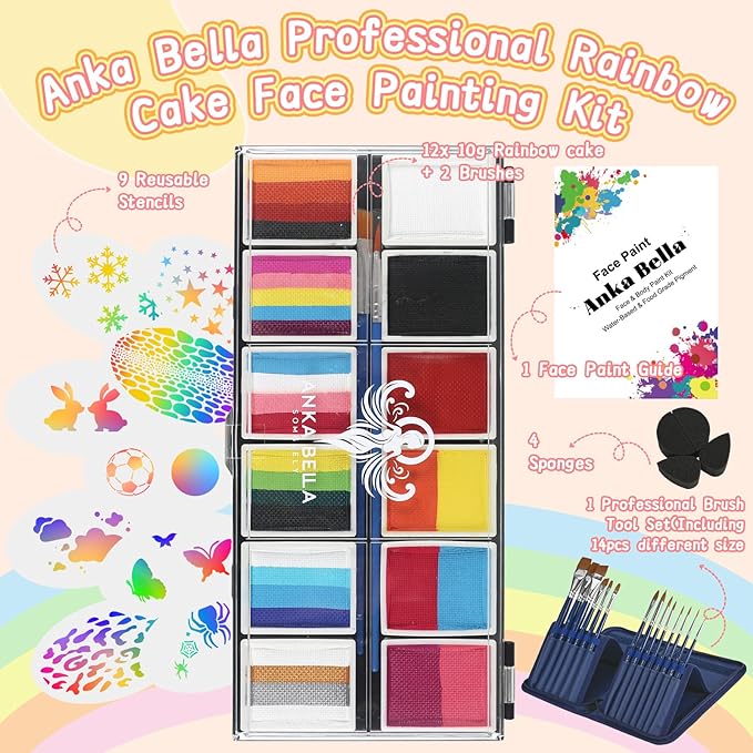 Professional Face Painting Kit for Kids,12X10gm Washable Rainbow Cake Face Paint with Stencil & Brushes,Hypoallergenic Safe & Non-Toxic,Gift for Birthday Parties/Halloween/Carnival