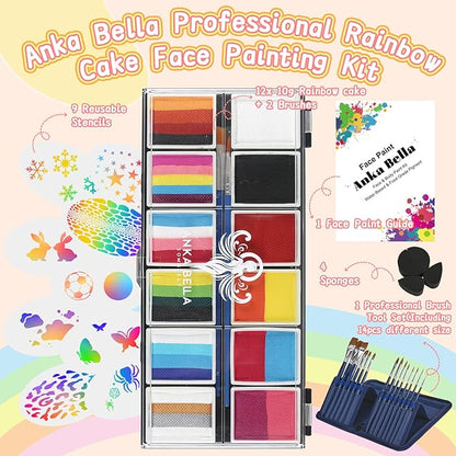 Professional Face Painting Kit for Kids,12X10gm Washable Rainbow Cake Face Paint with Stencil & Brushes,Hypoallergenic Safe & Non-Toxic,Gift for Birthday Parties/Halloween/Carnival