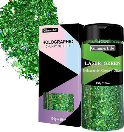 GlimmerLife Green Chunky Glitter 150G/5.29OZ Glitter, Holographic Chunky Glitter Sequin Flake Bulk, Craft Glitter for Resin, Nail, Face, Body, St. Patrick's Day Decorations, Epoxy Tumblers