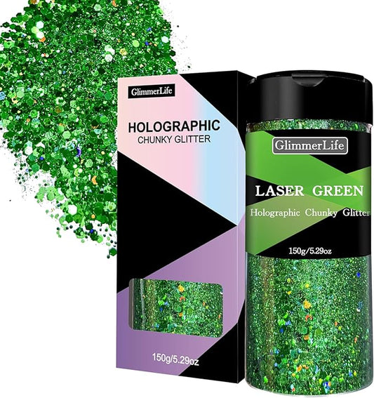 GlimmerLife Green Chunky Glitter 150G/5.29OZ Glitter, Holographic Chunky Glitter Sequin Flake Bulk, Craft Glitter for Resin, Nail, Face, Body, St. Patrick's Day Decorations, Epoxy Tumblers